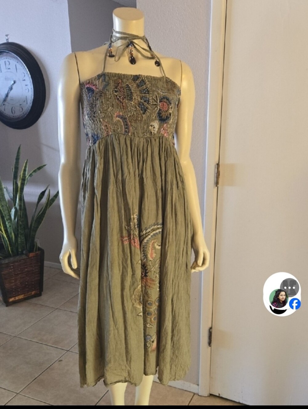Bohemin Summer Dress..100 Percent Cotton Sage Green Lined Jewels Attached .. - Picture 3 of 12